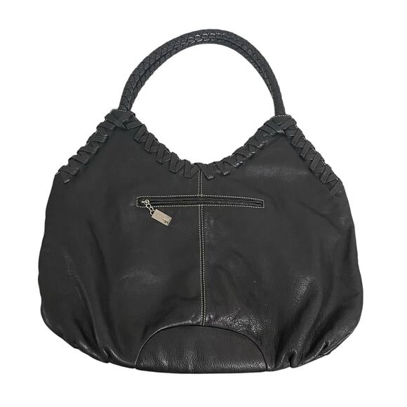 Donald J Pliner Braided Woven Trim Hobo Bag Black Leather Large Boho Flaws - Picture 1 of 16